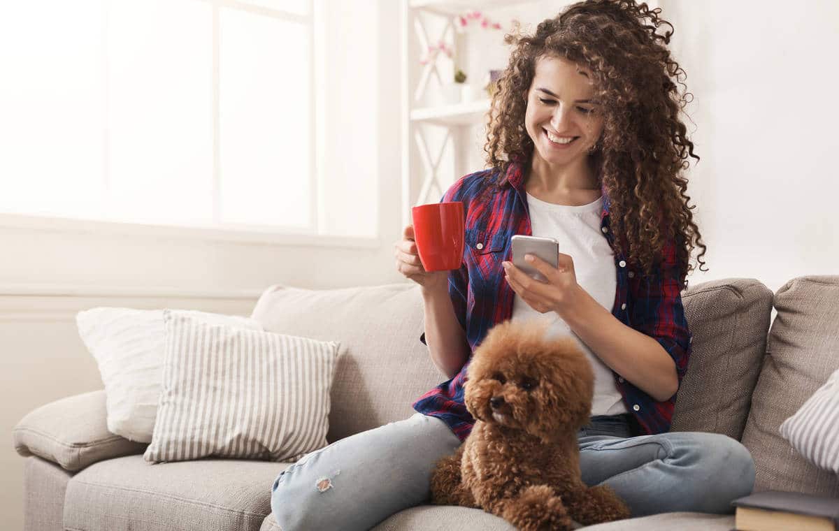 Smiling young woman with mobile and little dog at home