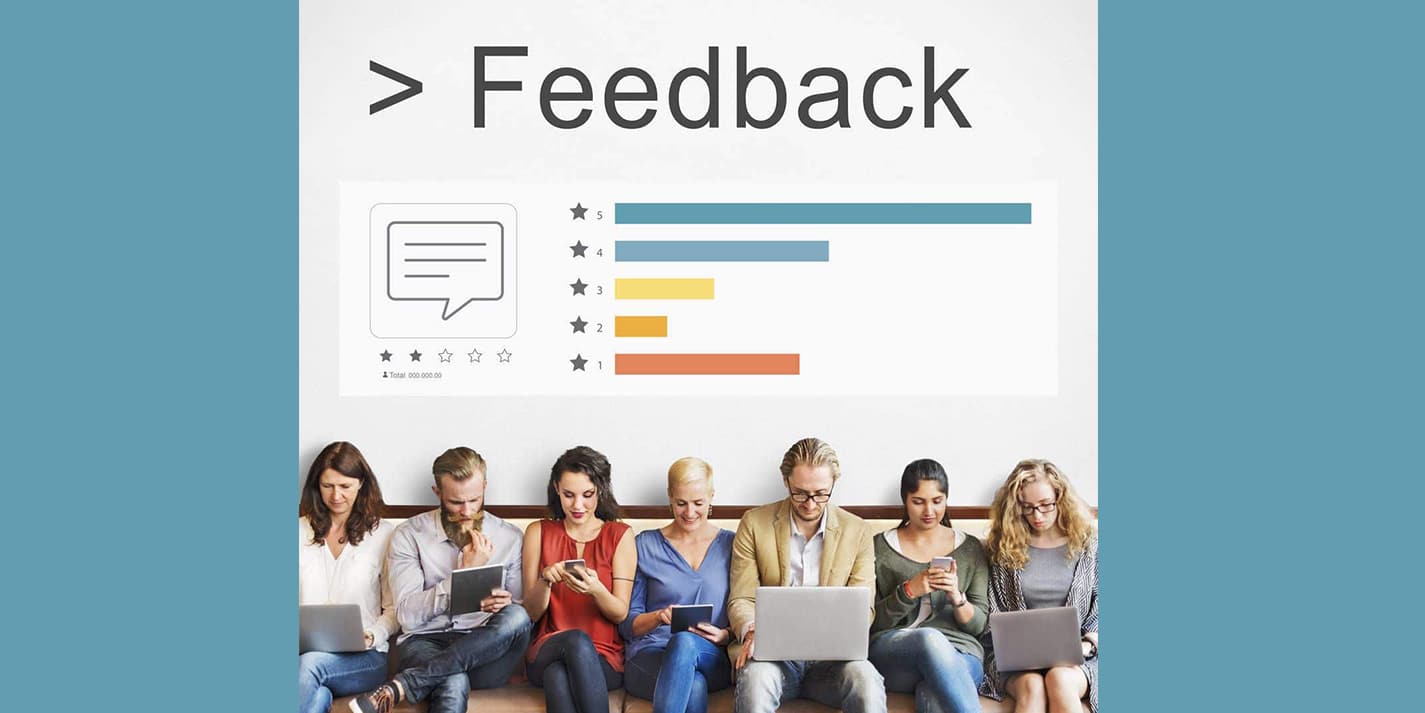 online reviews customer feedback blue background